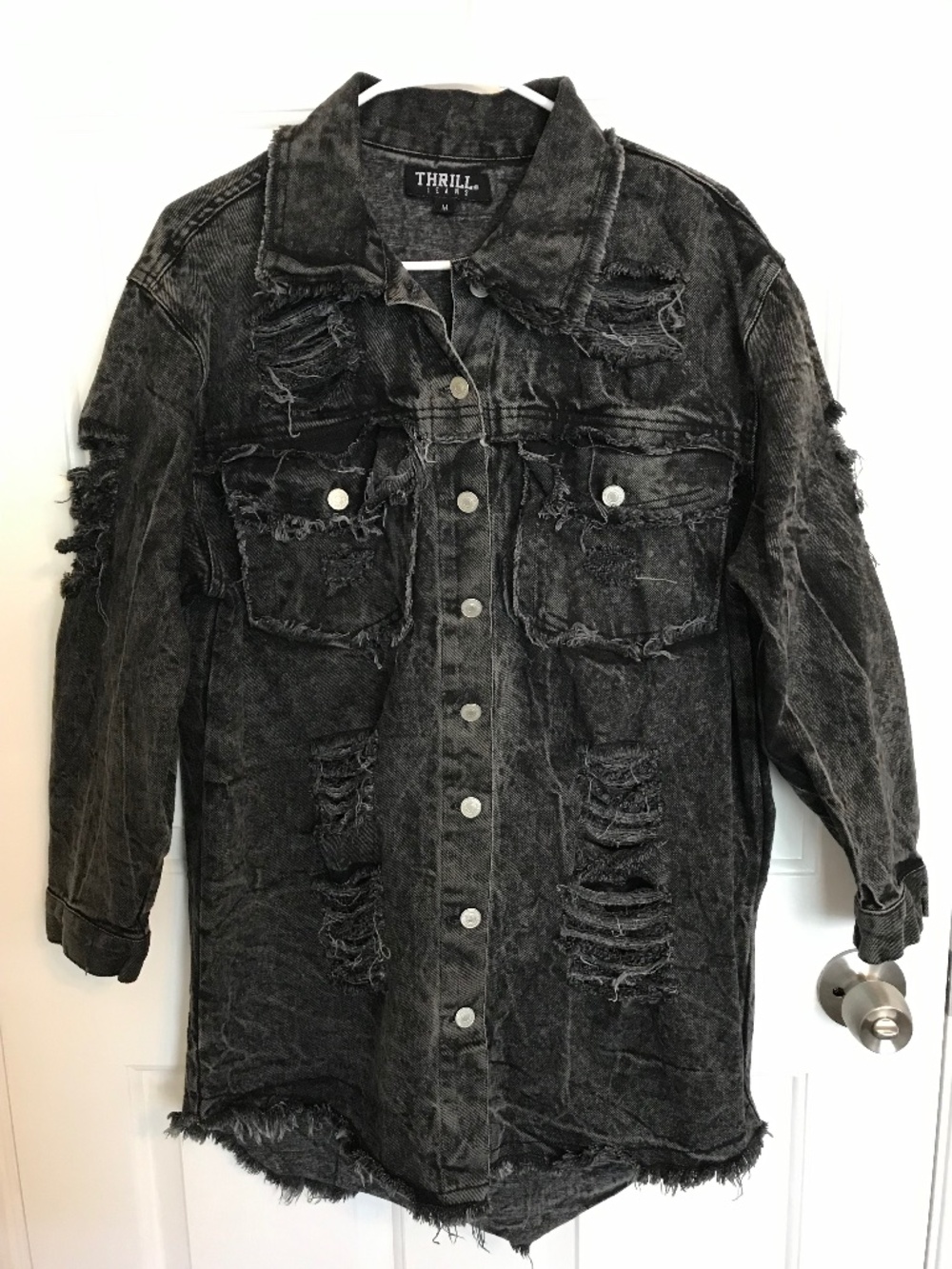 Thrill Jeans Acid Wash Black Distressed Denim Shacket Long Jacket Size M